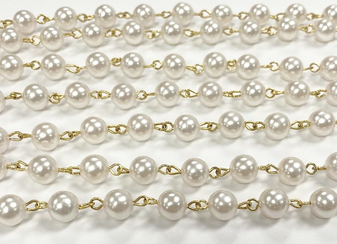 3 Feet Vintage Japanese White Pearl 8mm. Beaded Brass Rosary Link Chain 572