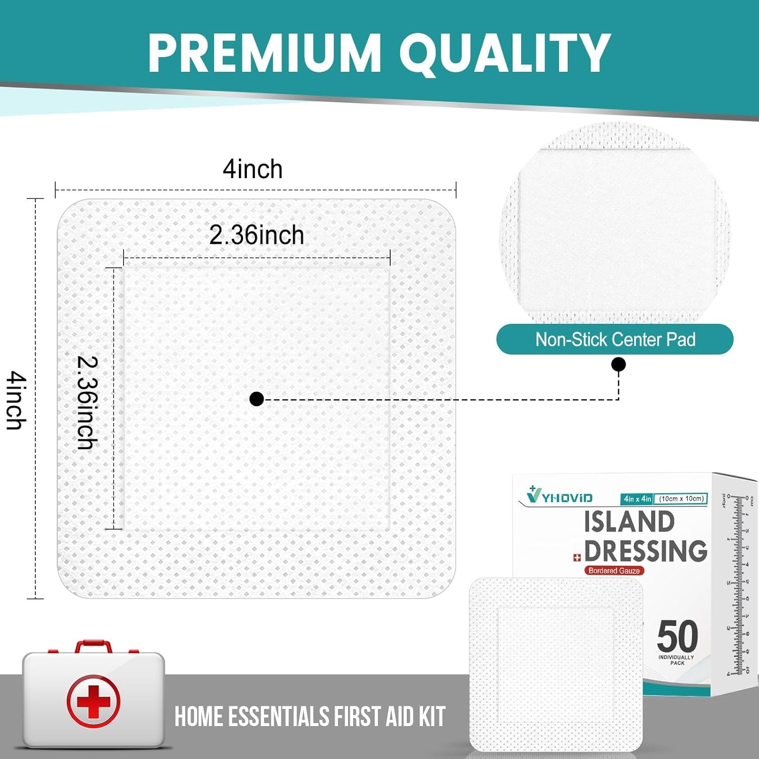 50 Count Island Dressing Bordered Gauze 4" x 4", Gauze Pads Individually Wrapped