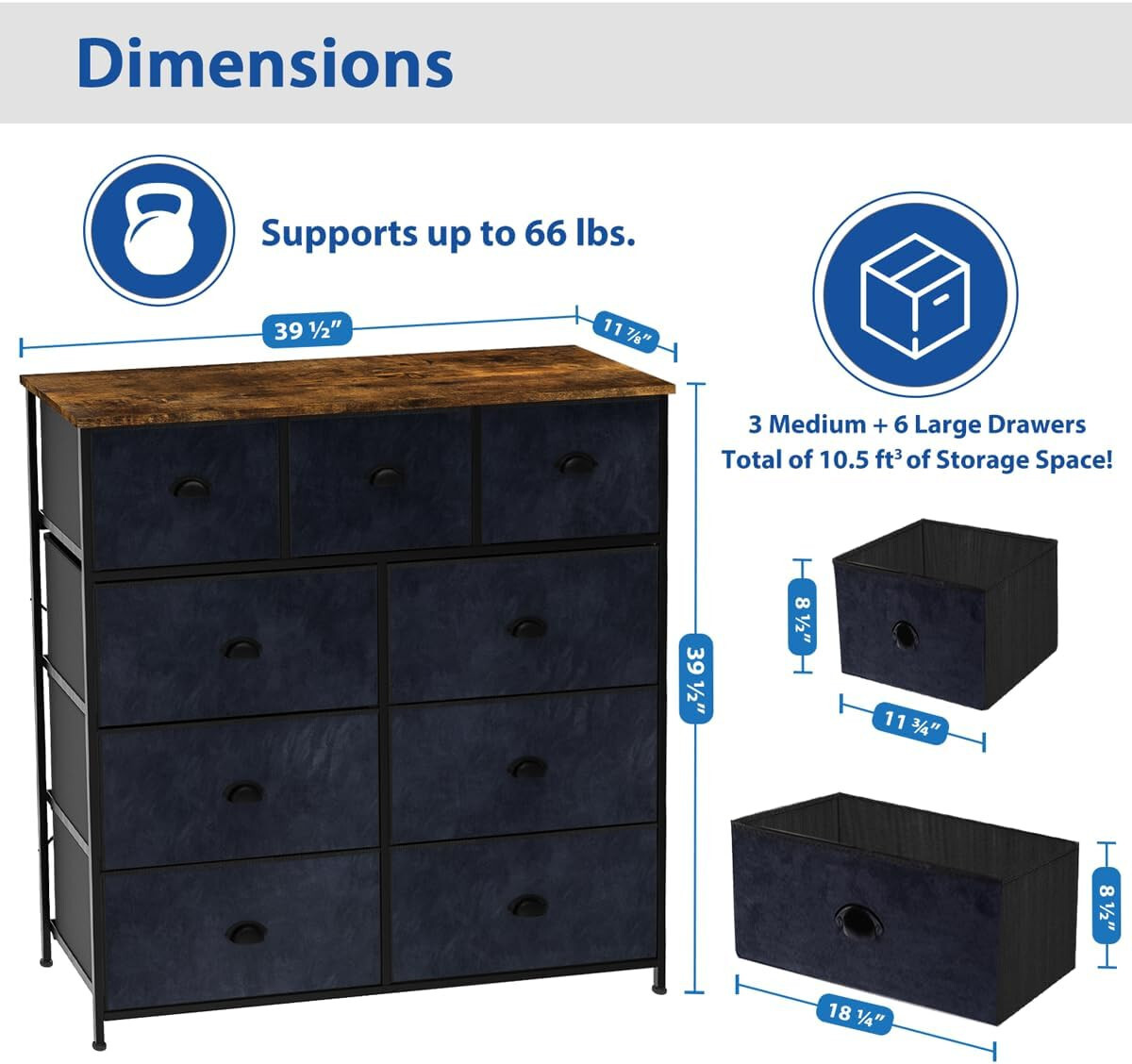 9-Tier Drawers Nightstand Chest Dresser Organizer Storage Bedroom Black Wood