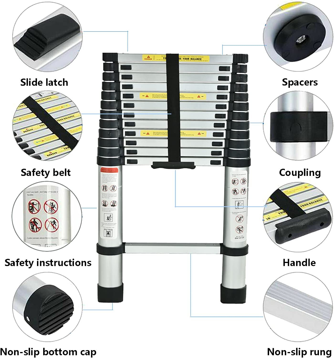 Telescoping Extension Ladder Aluminum Lightweight Collapsible Ladder EN131 150kg