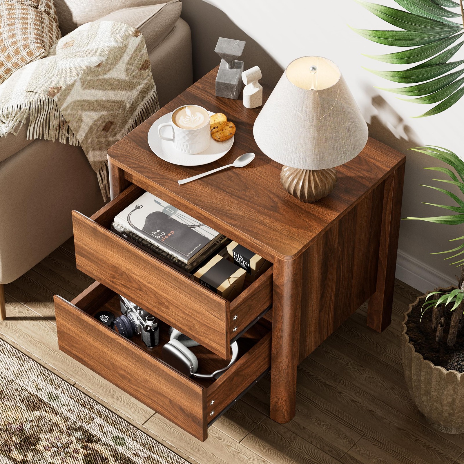 Mid Century Walnut Nightstand with 2 Drawers Modern Wooden Bedside Table