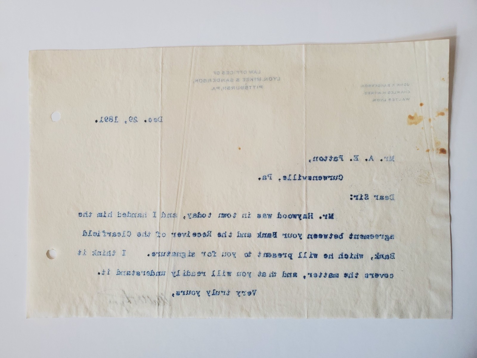 1891 Letter, Lyon, McKee & Sanderson Law Offices, Pittsburgh, PA, WALTER LYON