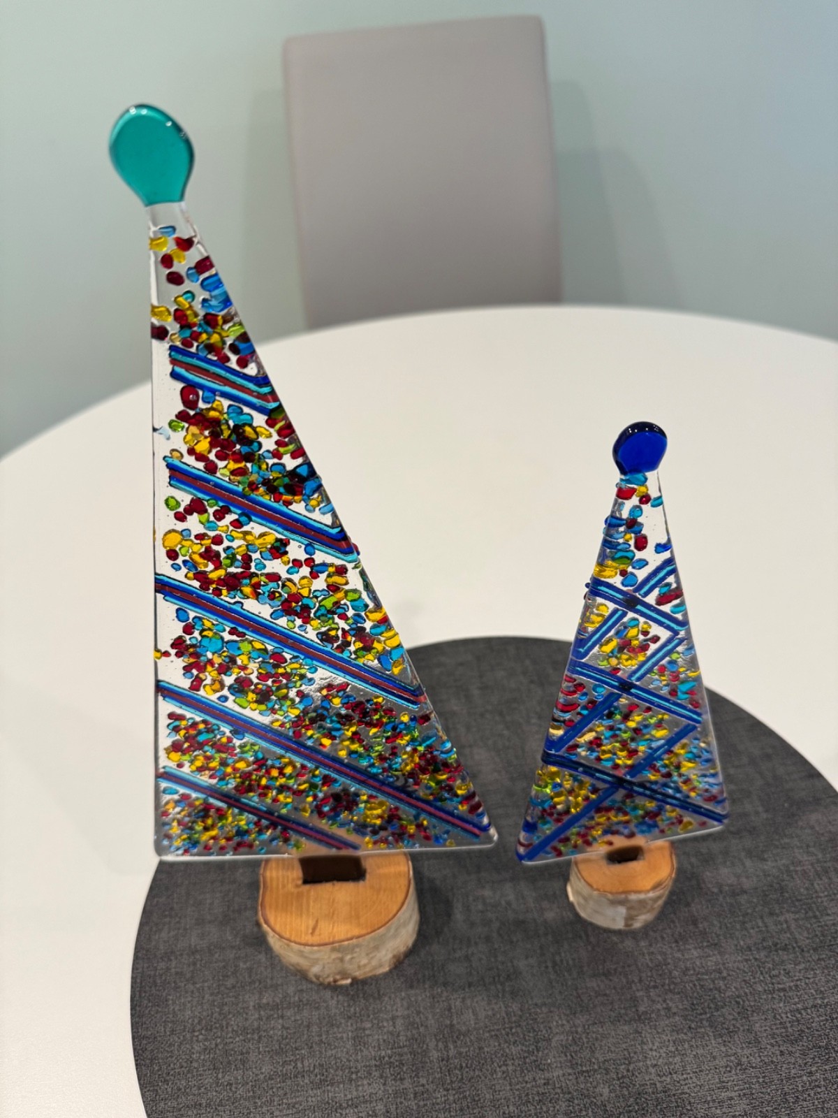 2 Handcrafted Fused Glass Christmas Ornaments, Colorful Trees