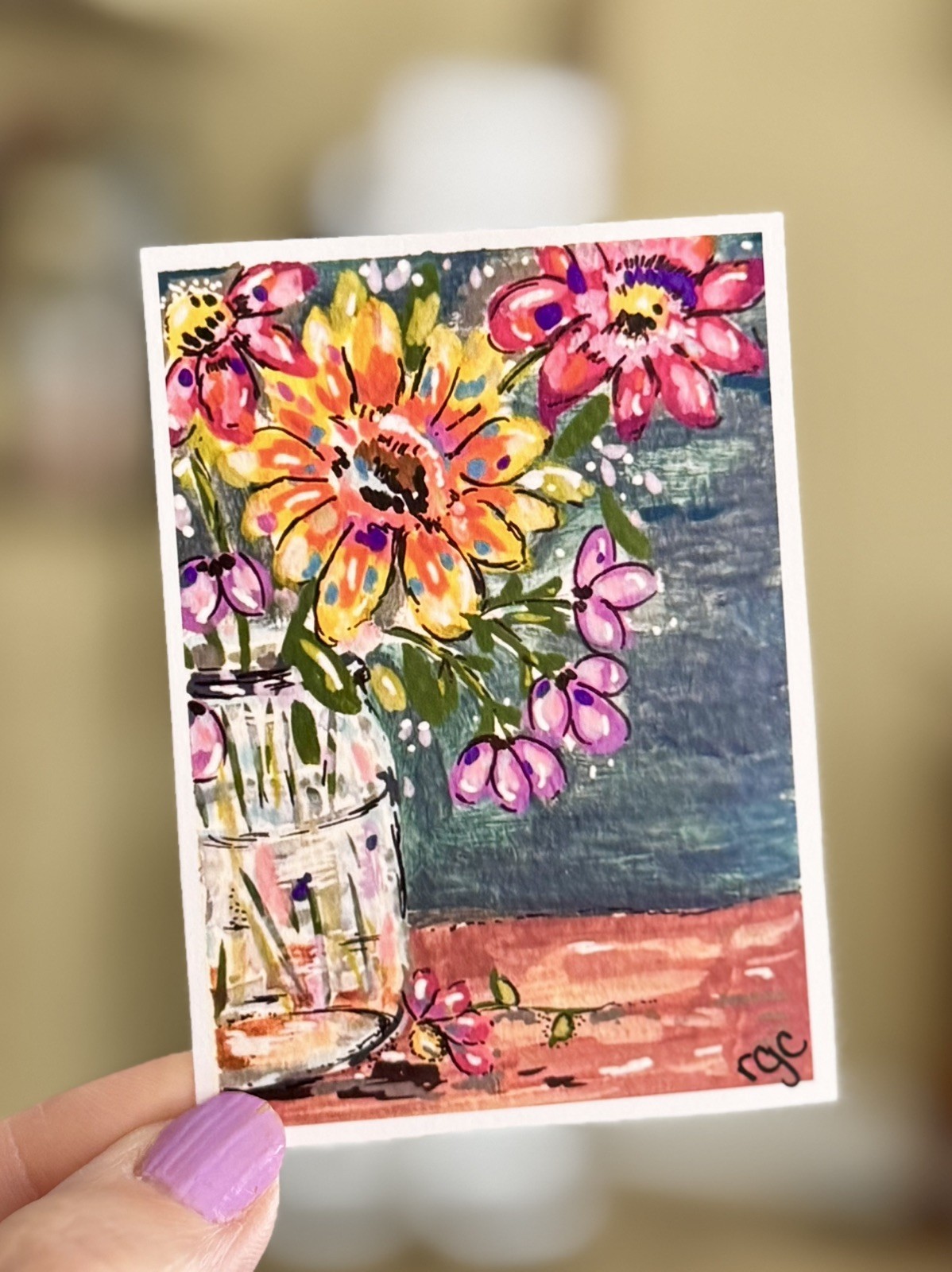 ACEO Original PRINT Flowers, Colorful flower aceo, Mason jar, heartfelt_by_robin