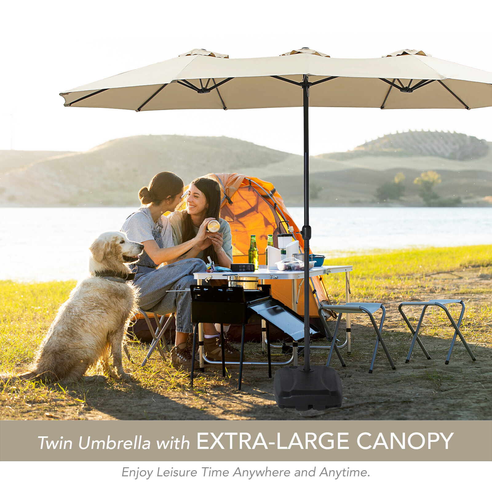 15FT Double-Sided Outdoor Sun Shade Backyard Patio Umbrella Beige w/ Crank Base