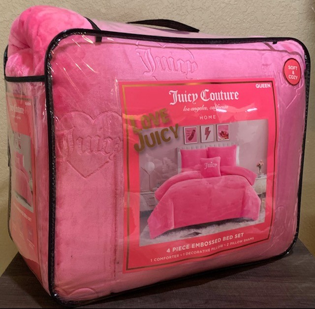 Juicy Couture Hot Pink Logos &Hearts Embossed Plush Soft 4pc QUEEN Comforter Set