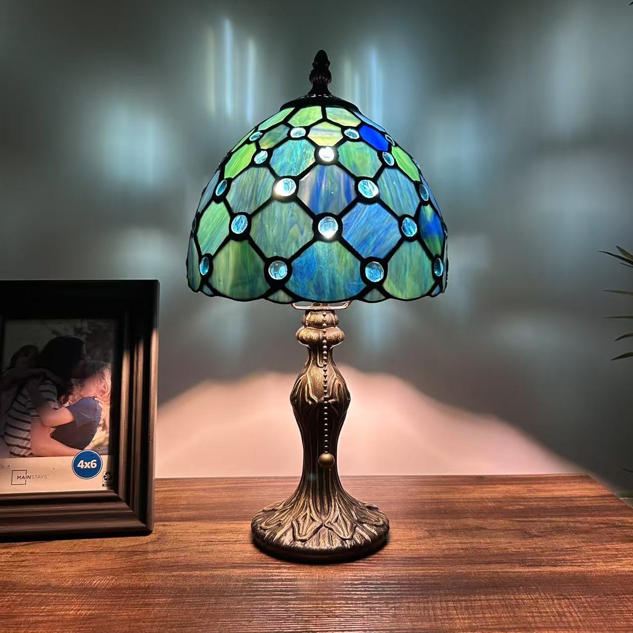 Tiffany Style Mini Table Lamp Green Blue Stained Glass Crystal Bean 15"H*8"W*8"D