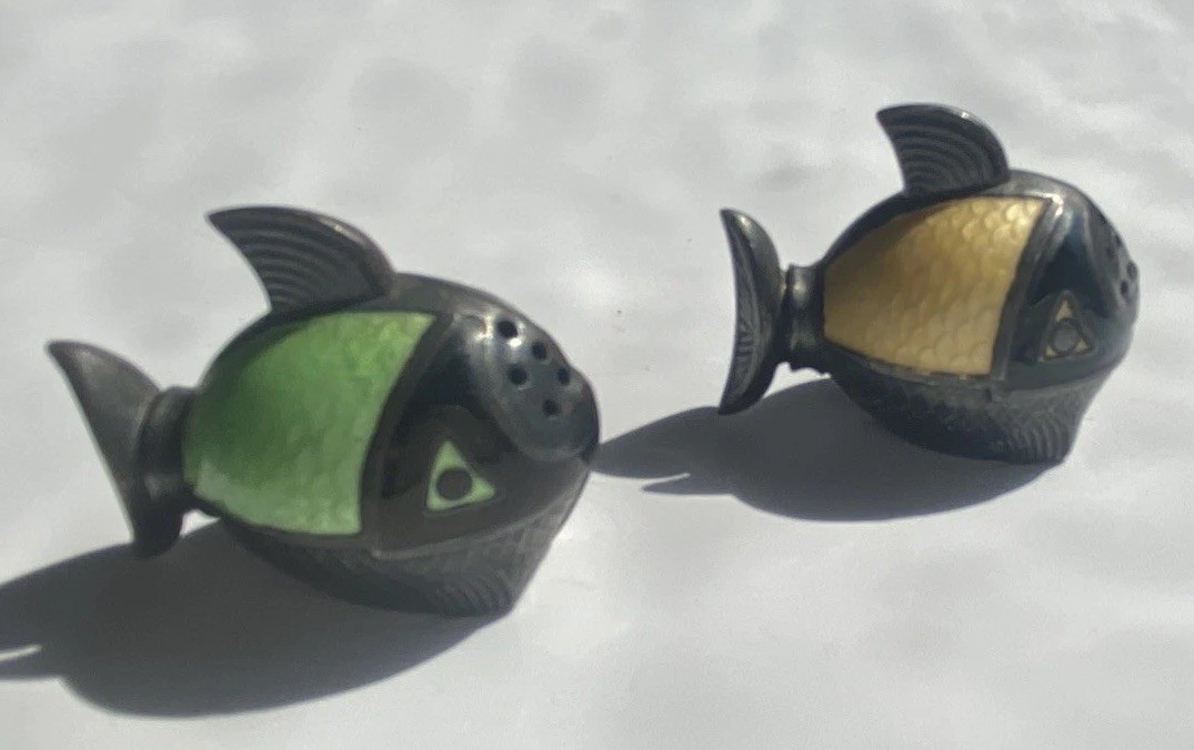 Sterling Silver Guilloche Enameled  Norwegian Fish Salt And Pepper Antique 925