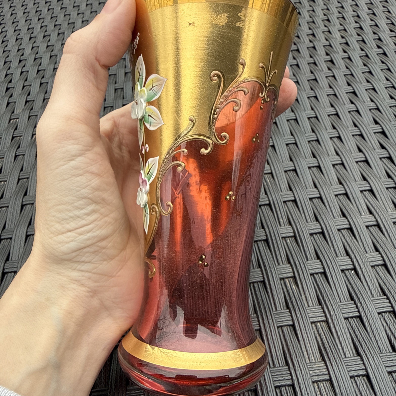 BOHEMIA CZECH REPUBLIC GOLD HIGH ENAMEL CRANBERRY HANDMADE CRYSTALEX VASE
