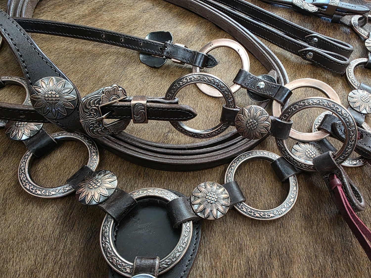 Metal Ring Headstall, Reins and Breastcollar - Sunflower Rings - Copper Rings