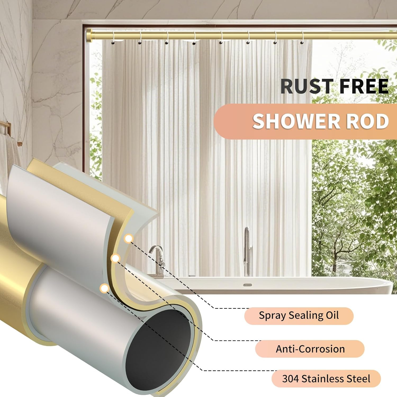Gold Shower Curtain Rod 34-82 Inches(2.8-6.8Ft) Never Rust Adjustable Shower Rod
