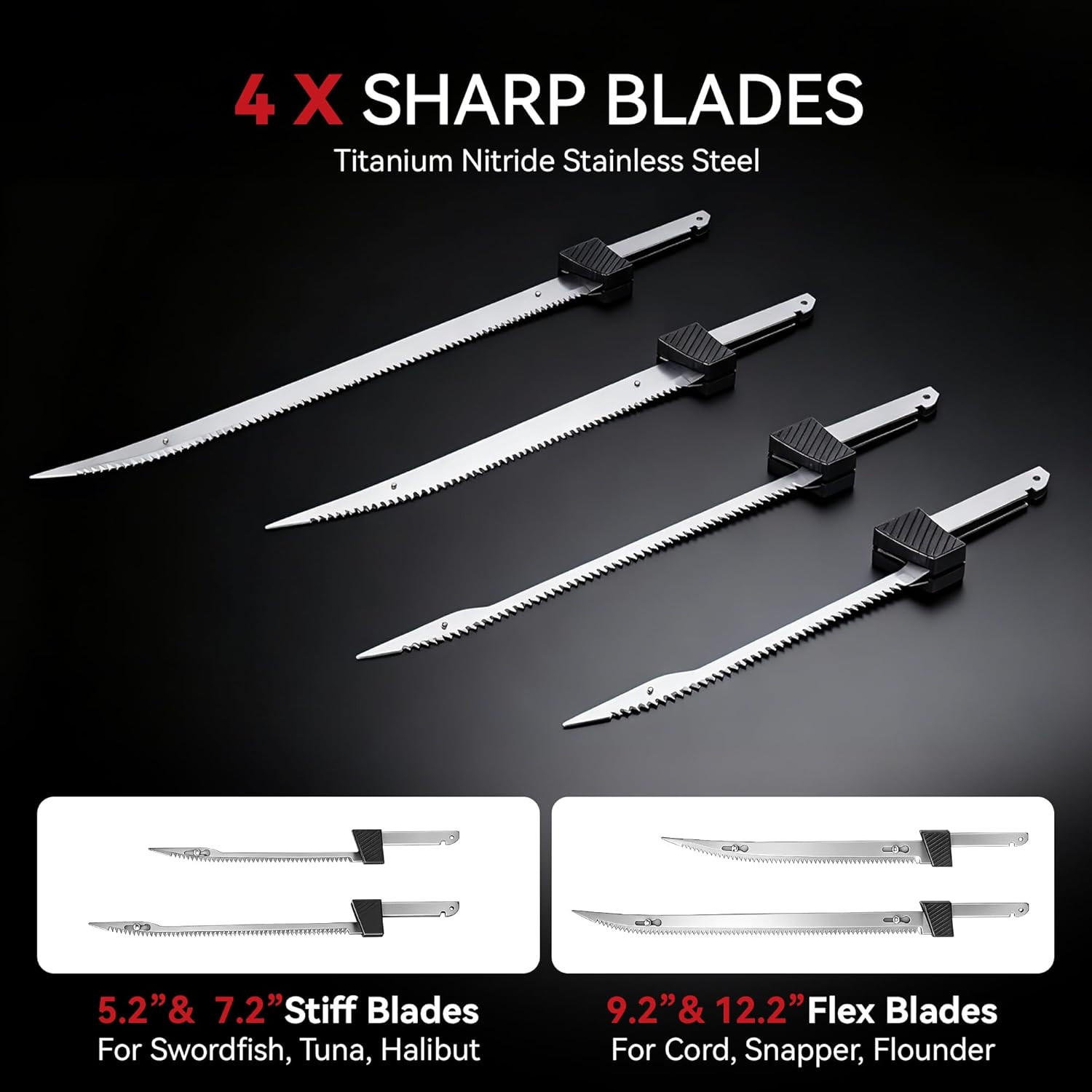 12V Cordless Electric Fillet Knife, 4 Ti-Nitride Coated Non-Stick Blades, Cordle