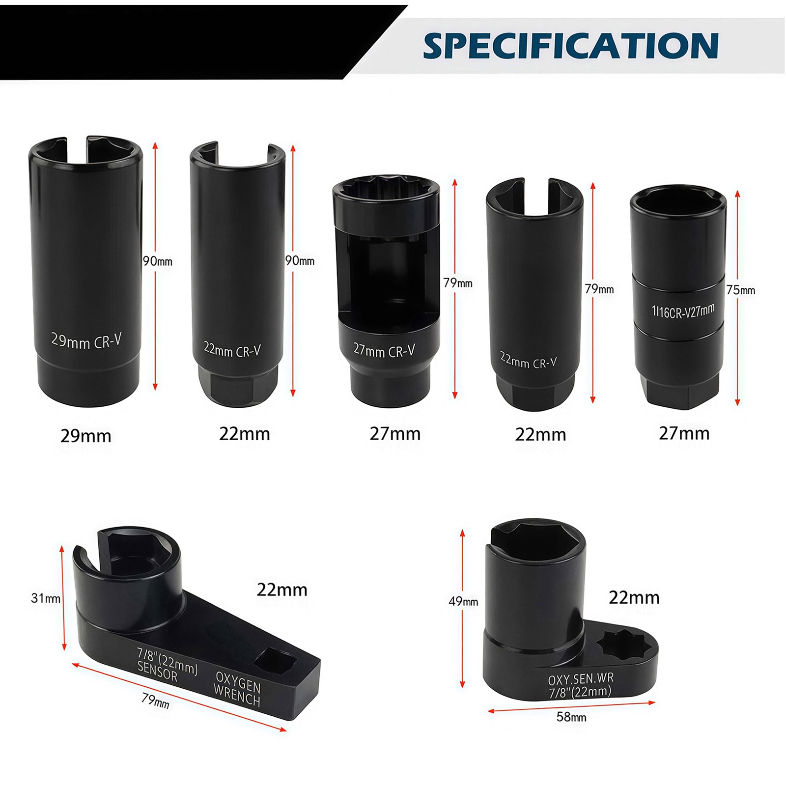 7pcs O2 Oxygen Sensor Socket Wrench Removal Tool 3/8" 1/2" Drive x 7/8" 22mm Set