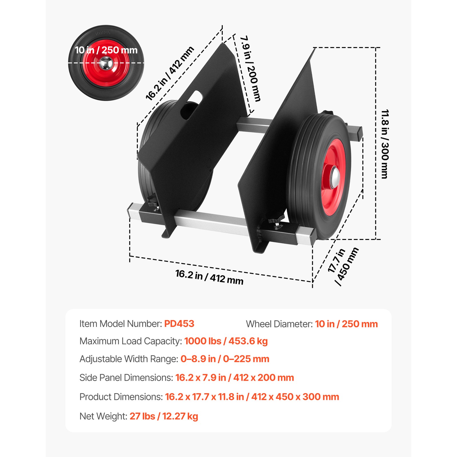 Uimoso Panel Dolly 1000 lbs Capacity 10“ Rubber Wheels Drywall Transport
