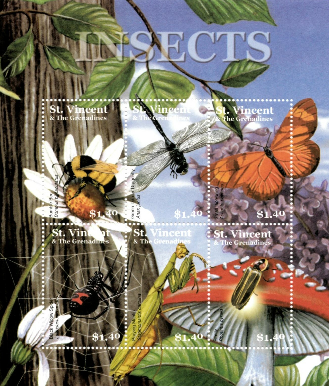 St. Vincent 2002 - Insects Butterfly Bee - Sheet of 6 Stamps - Scott #3017 - MNH
