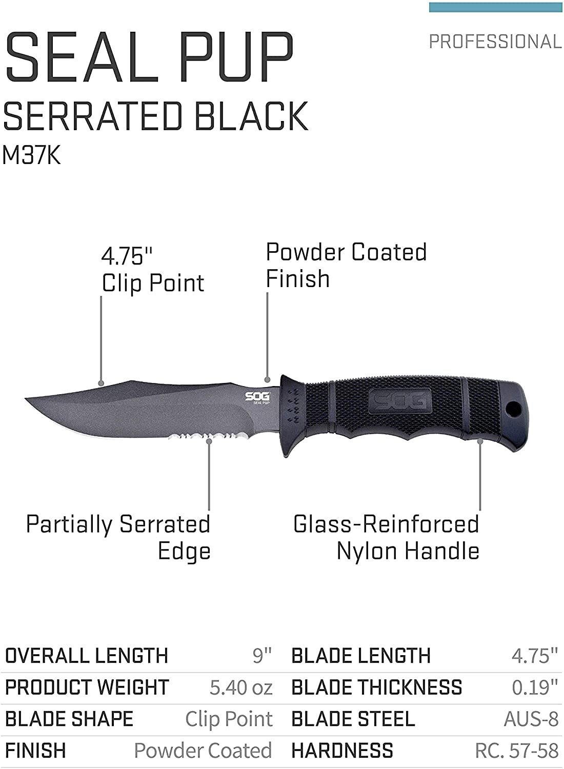 SOG Fixed Blade Knives with Sheath - SEAL Pup Tactical Knife, Survival Knife