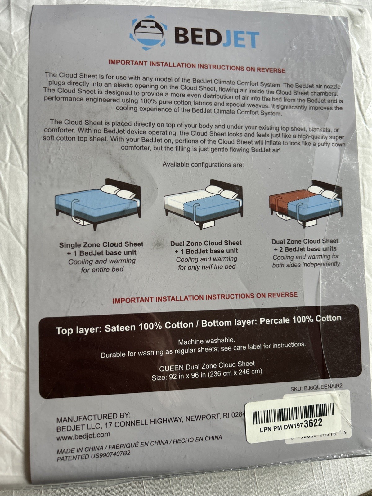 BedJet Cloud Sheet Dual Zone Queen 100% Cotton Cooling & Warming Climate Control