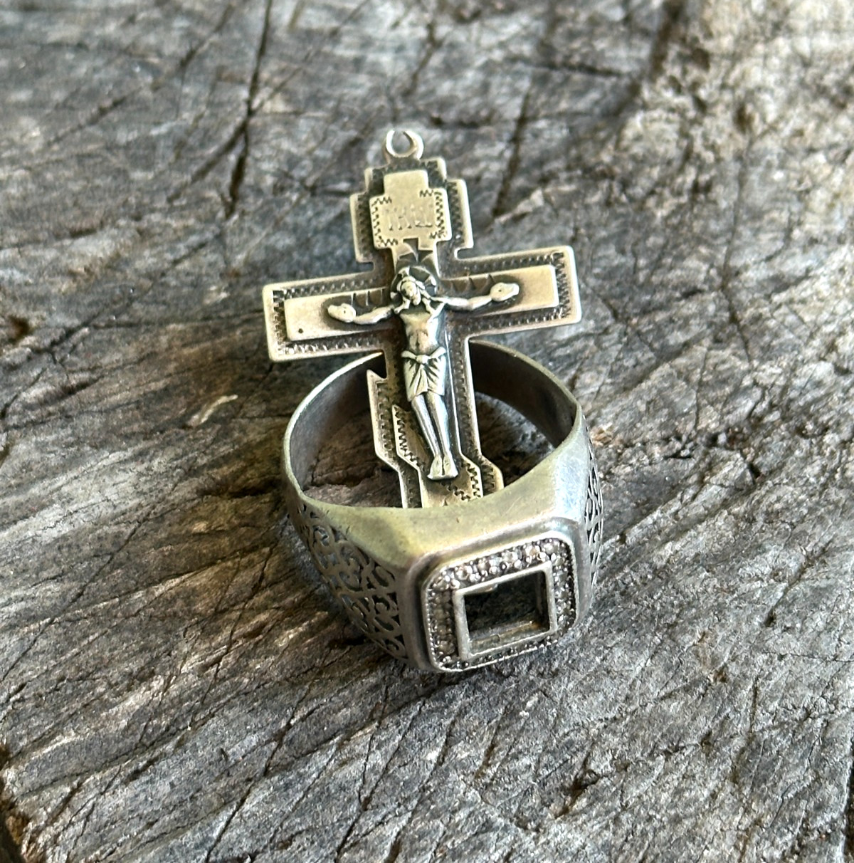 RUSSIA army soldier talisman amulet SILVER 925 ring cross Jesus save WAR