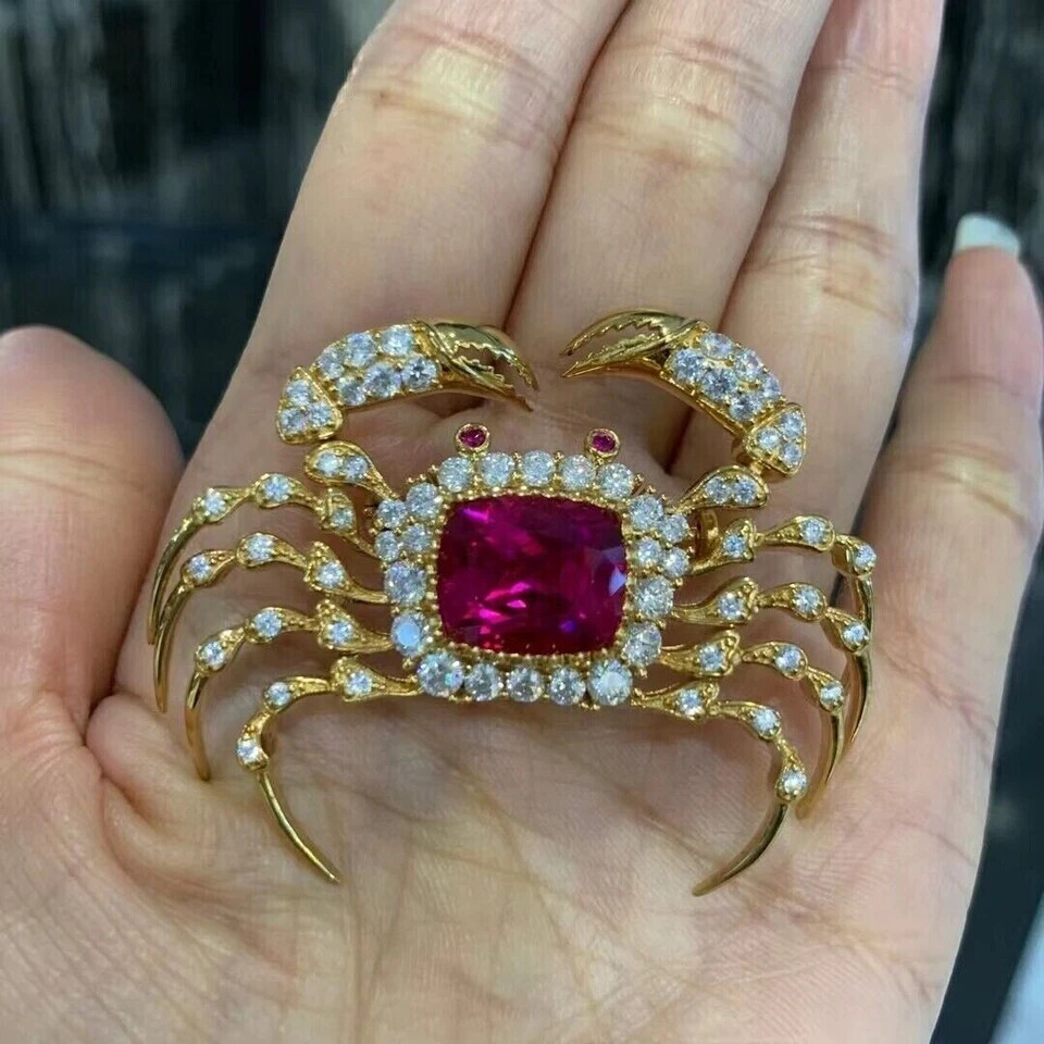 4Ct Cushion Cut Simulated Pink Ruby Crab Shape Brooch Pin 14k Yellow Gold Plated