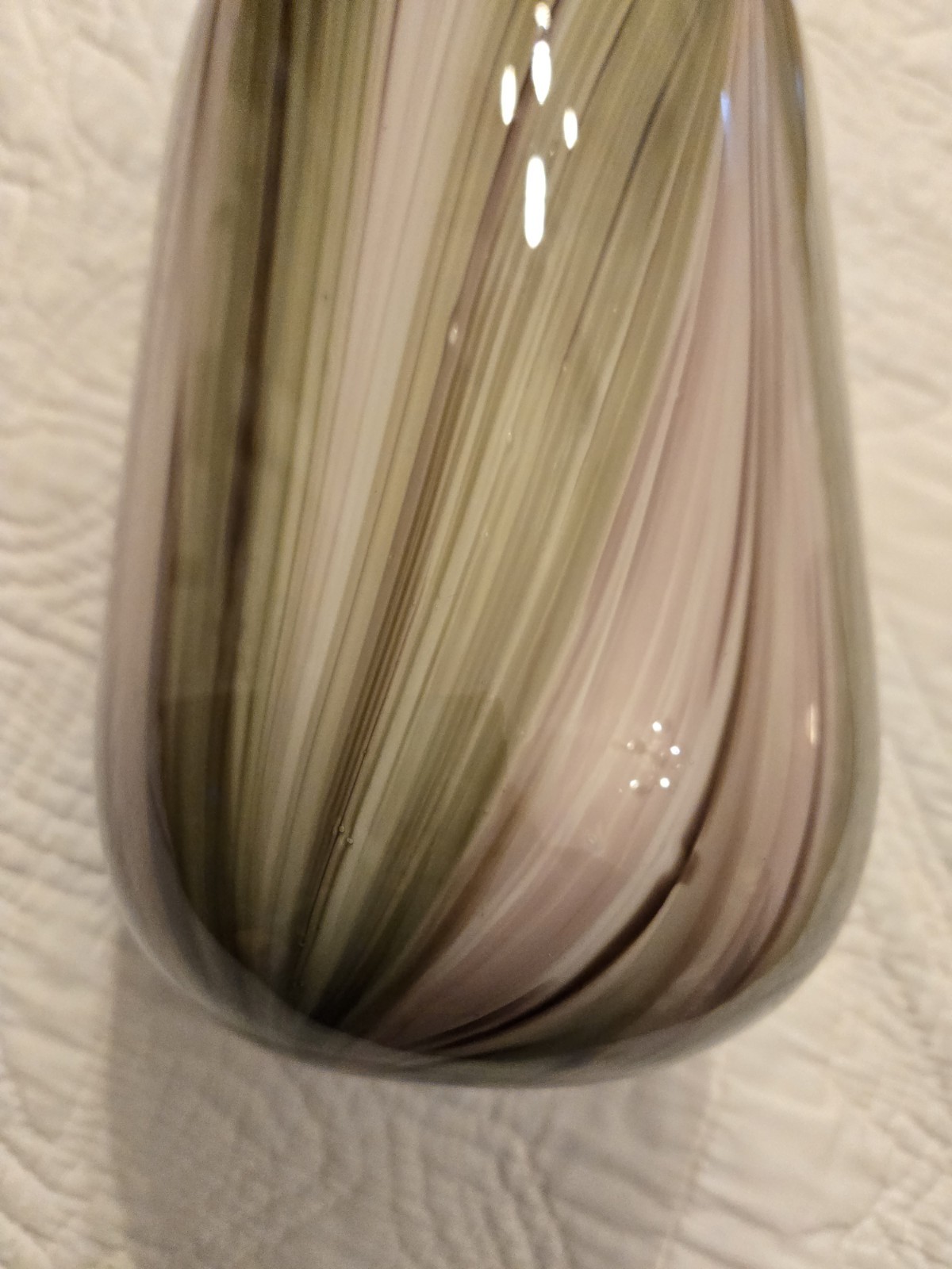 Vintage Heavy Murano Glass Vase Stripes Swirls 12" Hand Blown Green Purple 60s ?