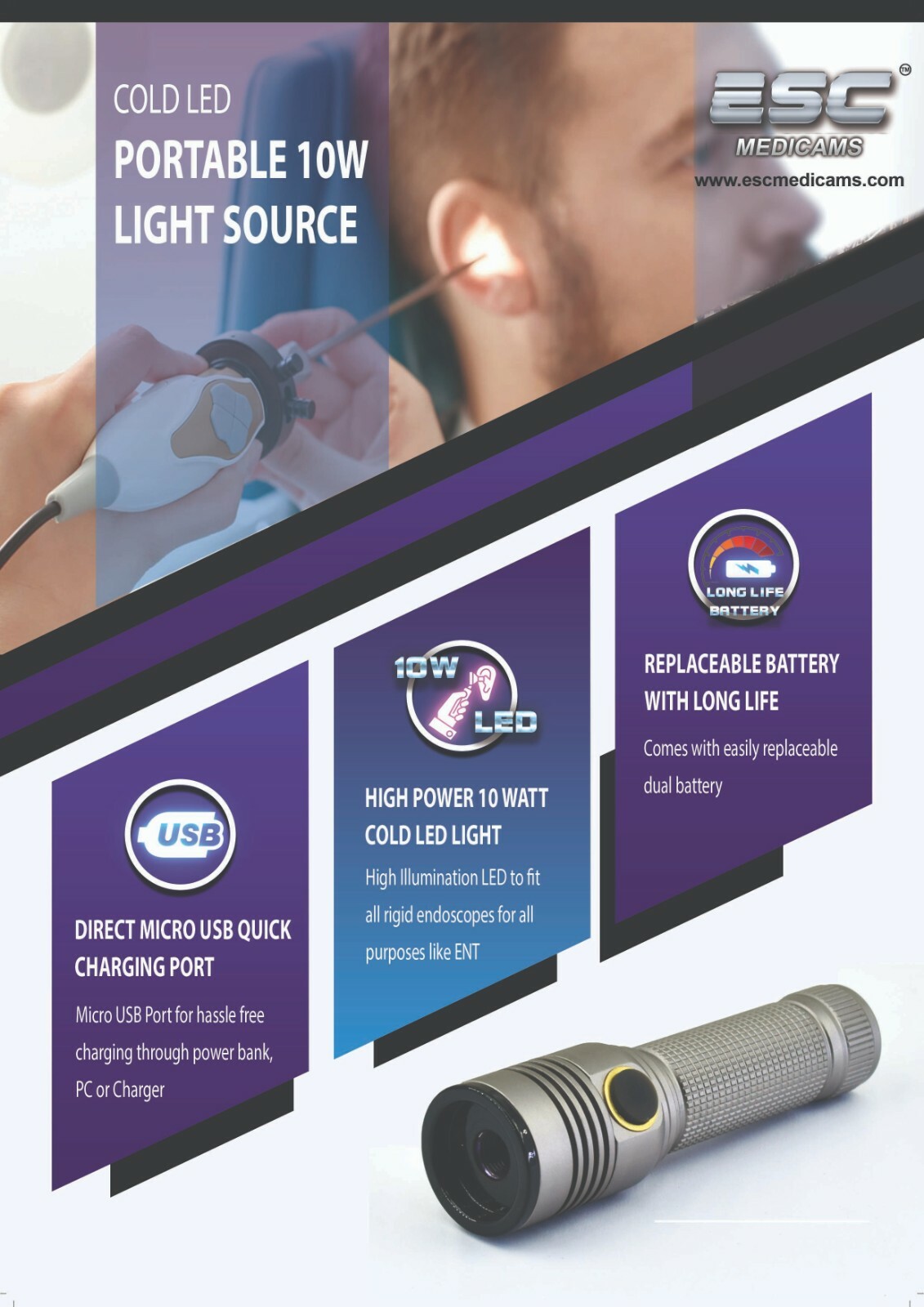 Portable Cold LED Light Source ENT Endoscopy Medical 10W Rigid Endoscope Camera