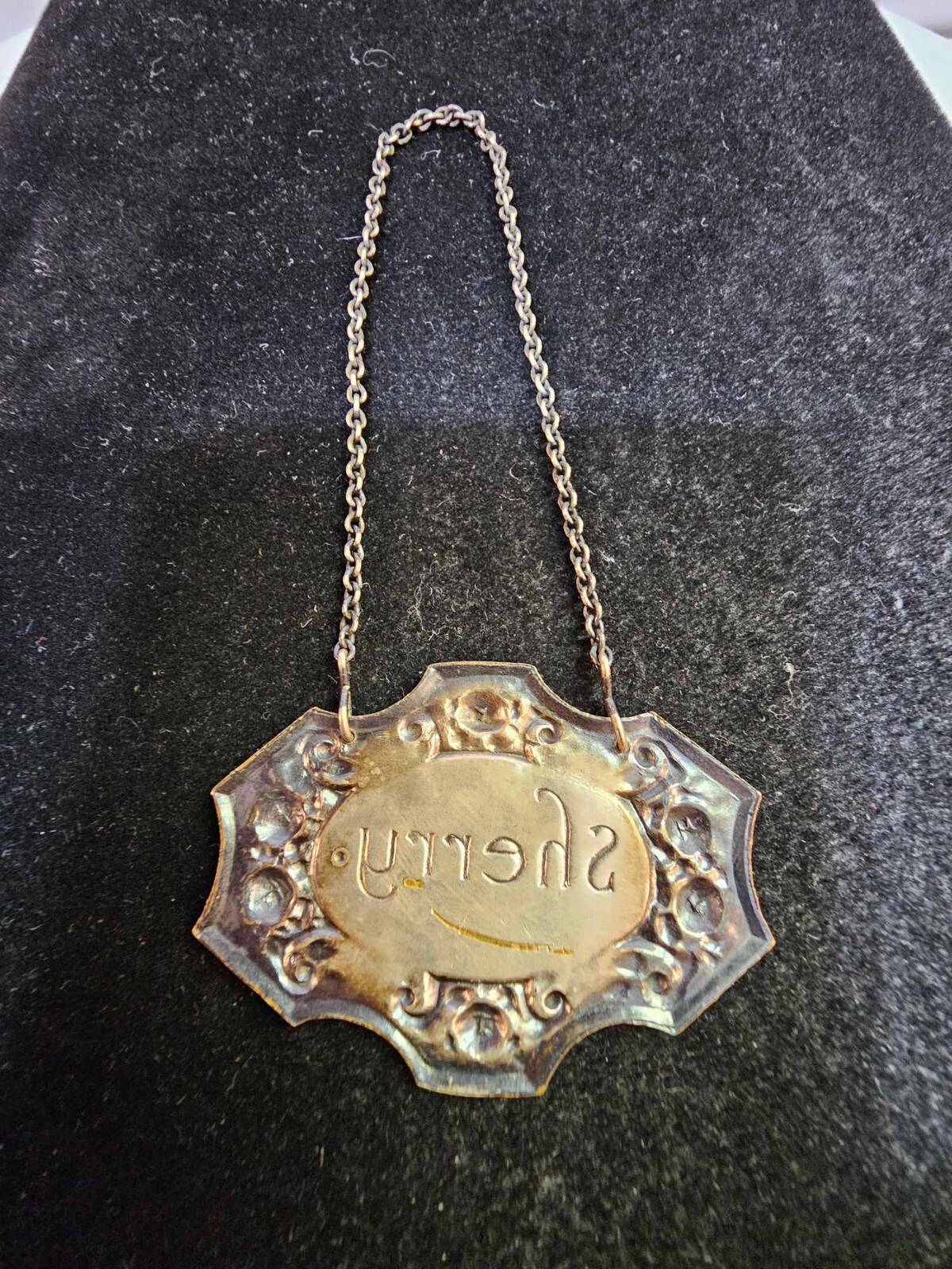 Victorian Sherry Decanter Label tag 2-tone gold silver 3D embossed rose flower