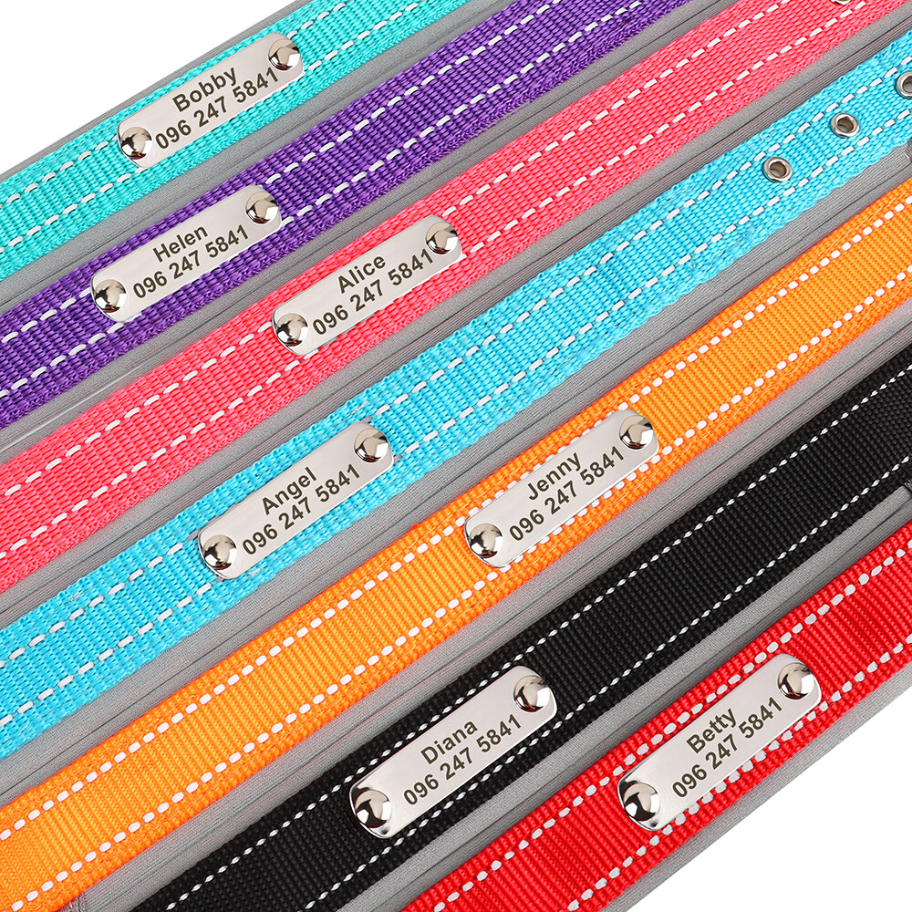 Reflective Nylon Personalized Dog Collar Custom Pet Name ID Tag Adjustable S-XL