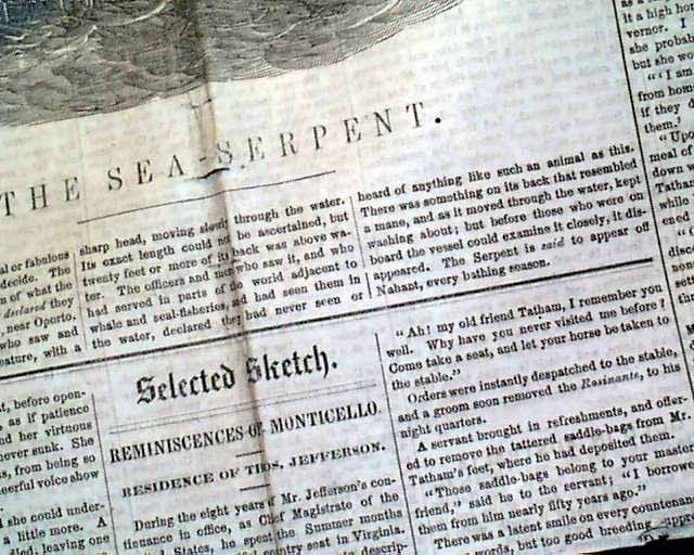 Early SEA SERPENT Monster Creature HMS Plumper Sighting w/ Print 1851 Newspaper