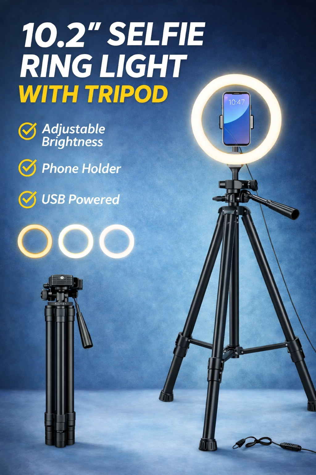 10.2'' Selfie Ring Light with 50'' Tripod Stand and Phone Holder, Dimmable NEW