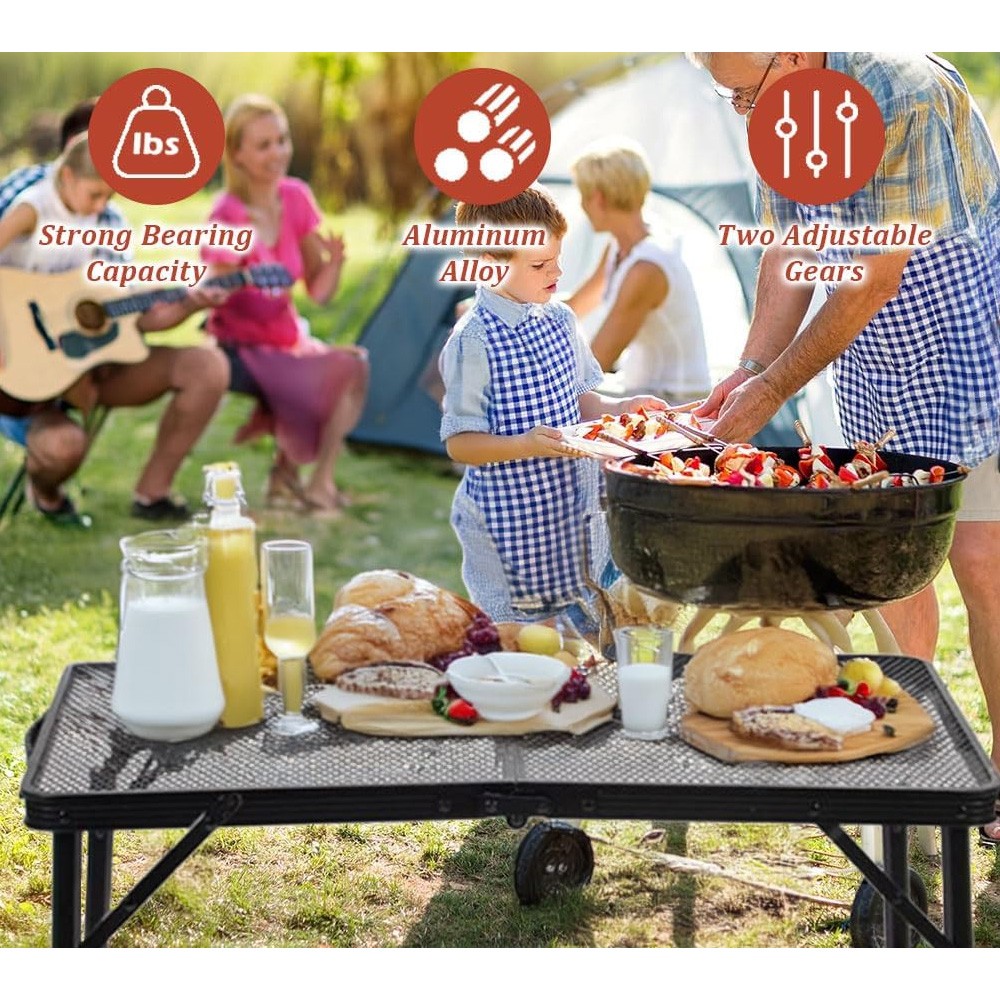 3FT 2-Fold Camping Table with Mesh Desktop Adjustable Height BBQ Grill Table
