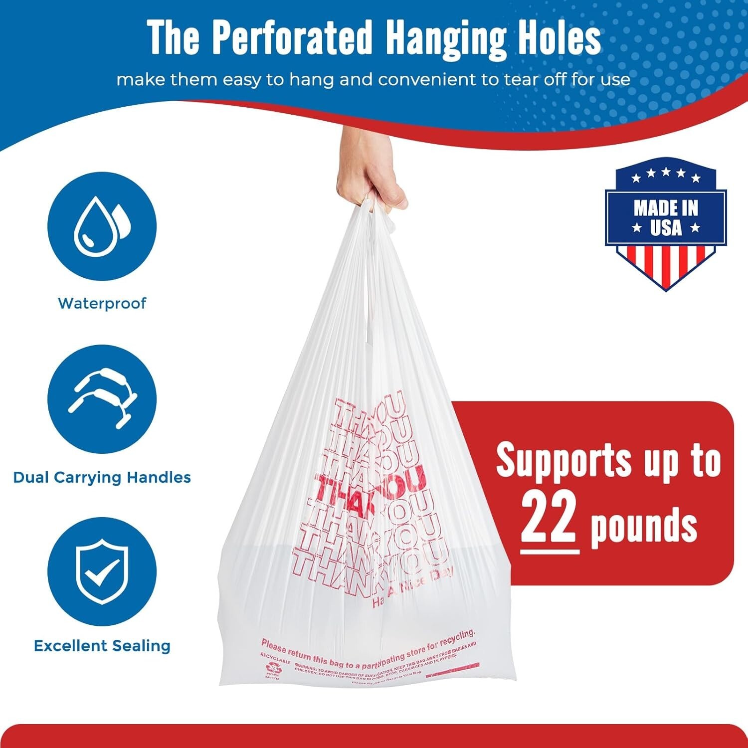 1000 Thank You T-Shirt Bags 12" x 6.5" x 21", Plastic Grocery Shopping Bags