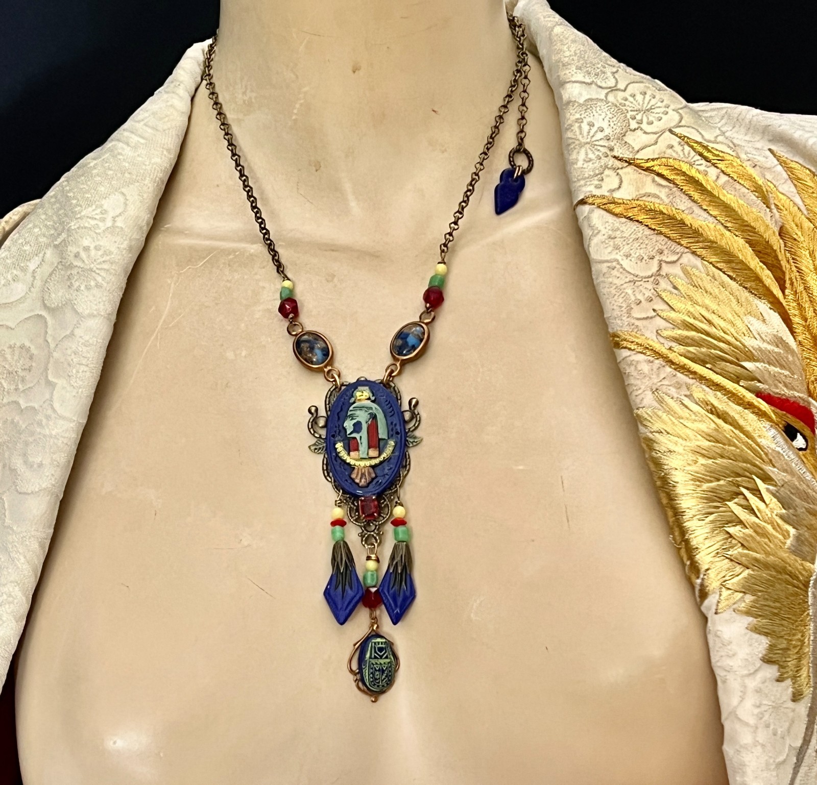 Deco Egyptian Revival Necklace Set, Neiger Style Pharaoh, Royal Blue, Red, Green