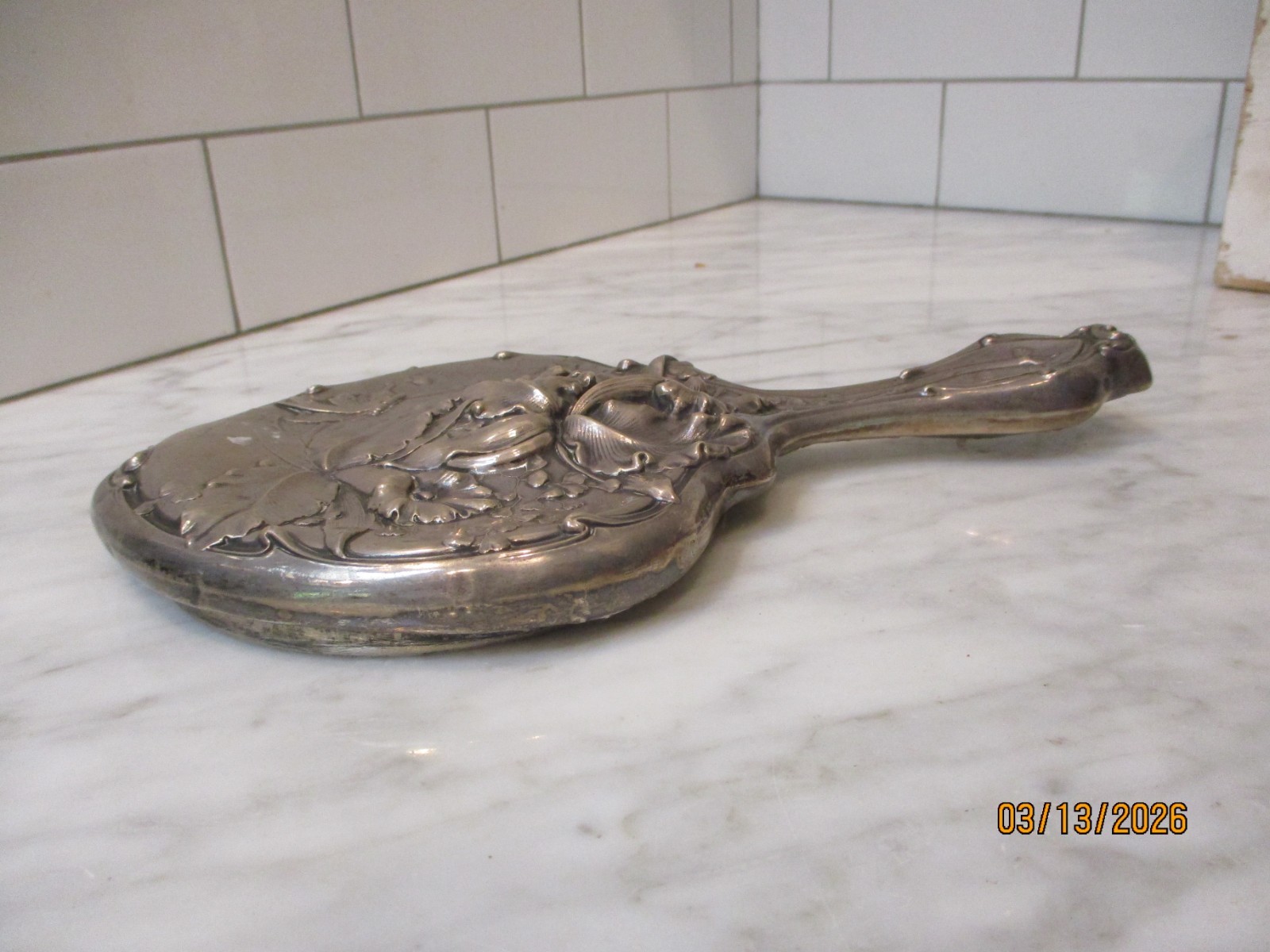 Antique Art Nouveau Sterling Silver Hand Mirror Embossed Flowers & Butterfly