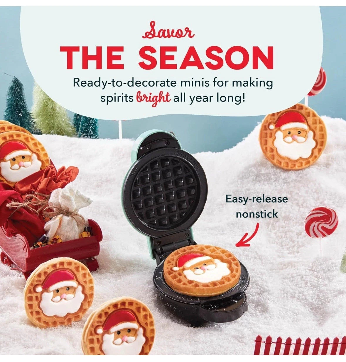 Dash Holiday 4 in 1 Mini Waffle Maker 6 Plates Santa Snowflake New in Box