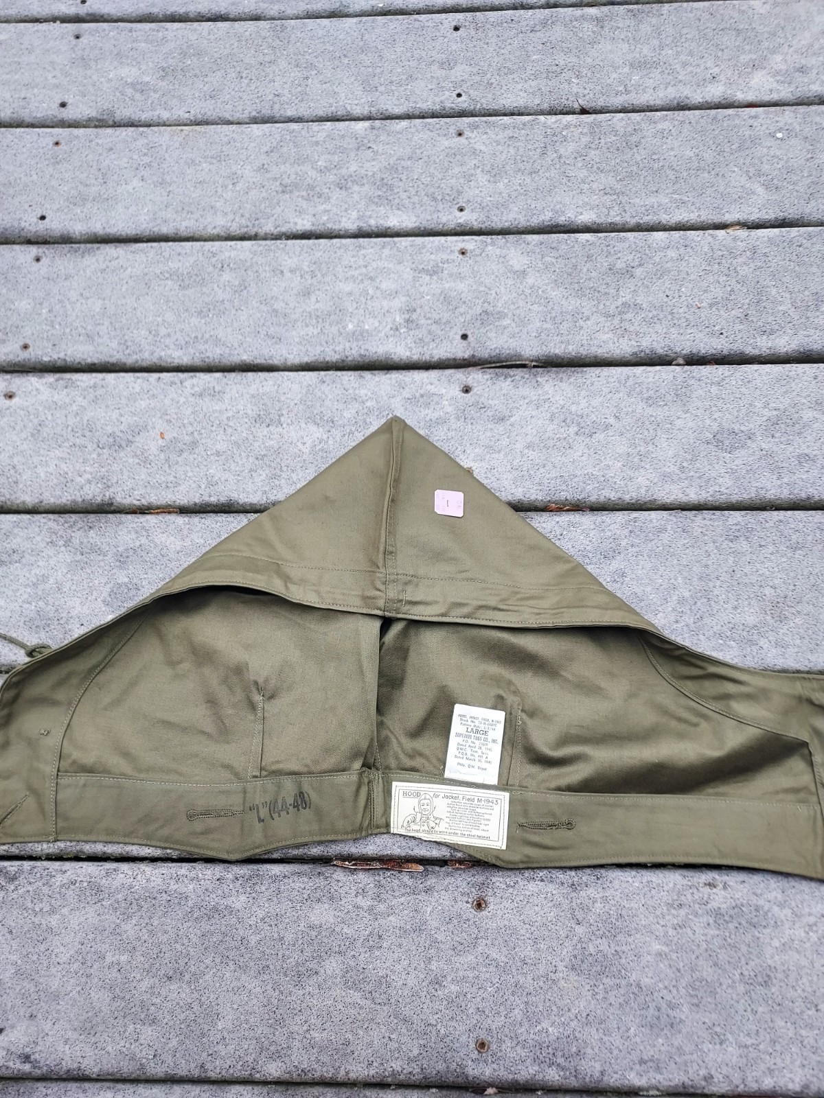 WWII WW2 US Army M1943 OD Field Jacket Hood M-1943 Hood Size Large Cutter Tag