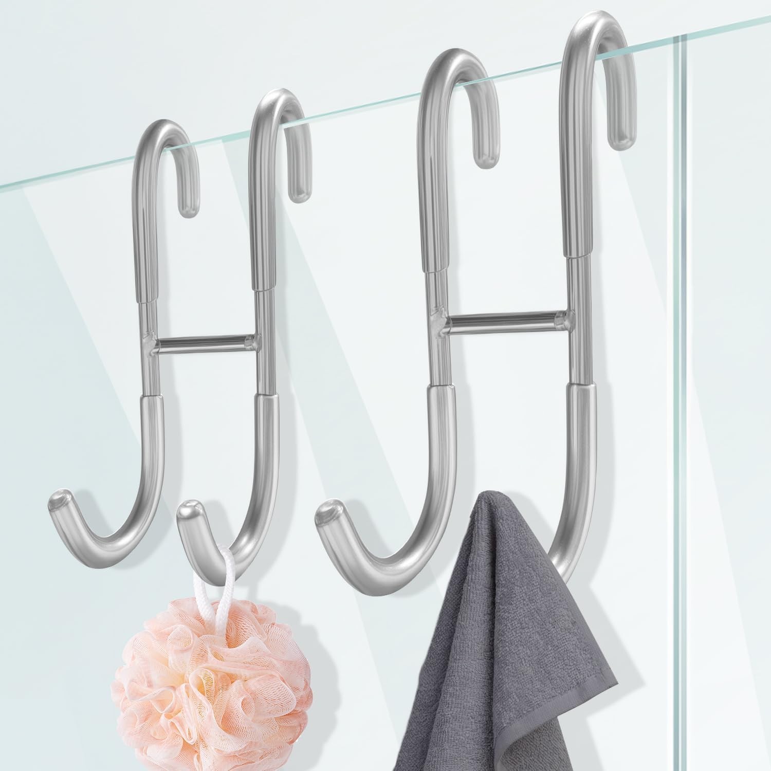 Shower Door Hooks for Towels & Squeegee - No Drill Bathroom Hooks for Frameless