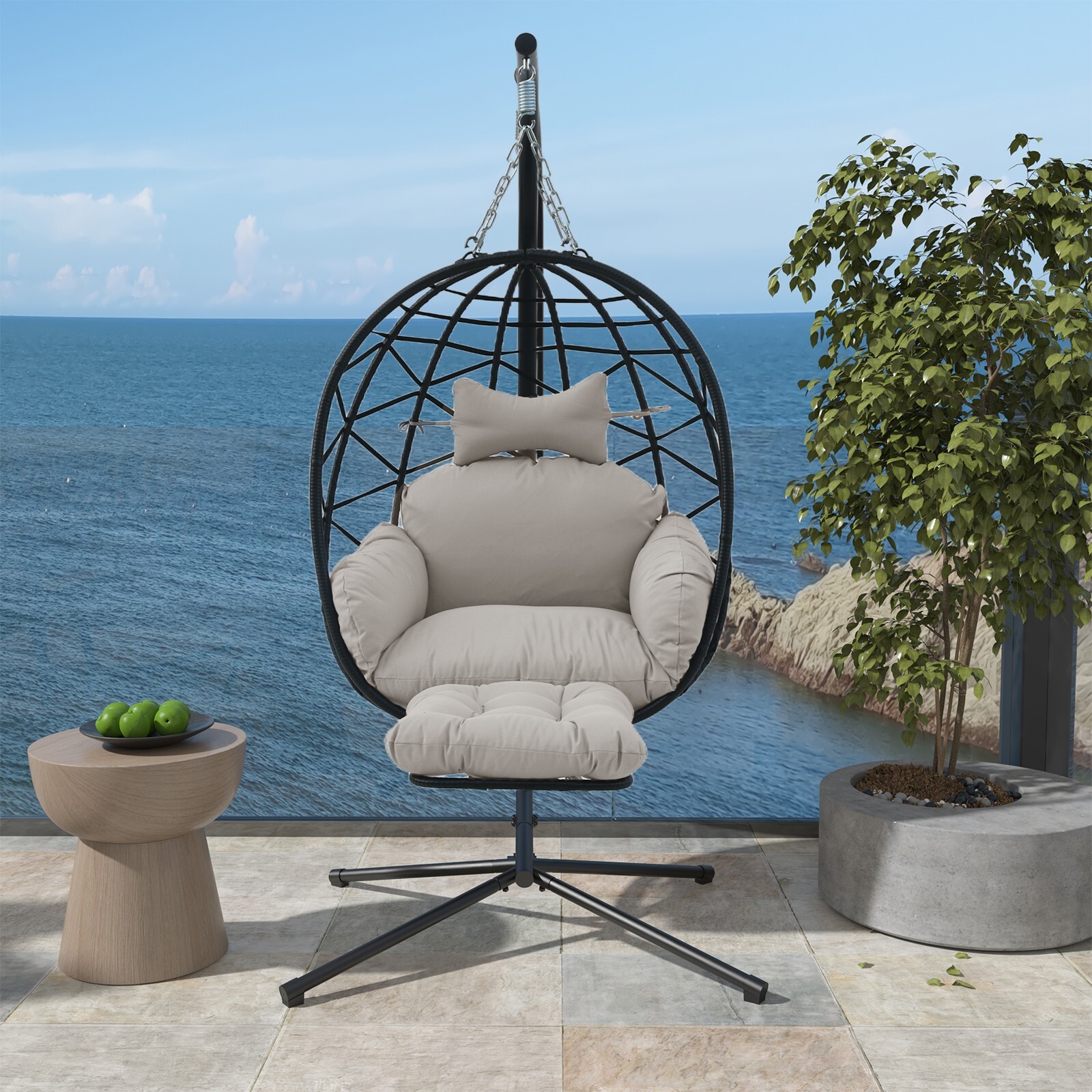 Hanging Egg Chair with Stand Leg Rest Outdoor with Gray Cushion Swinging Chair