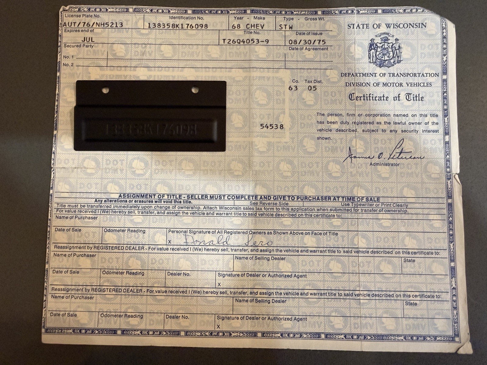 1968 Chevrolet Station Wagon Certificate Historical Document & VIN Plate