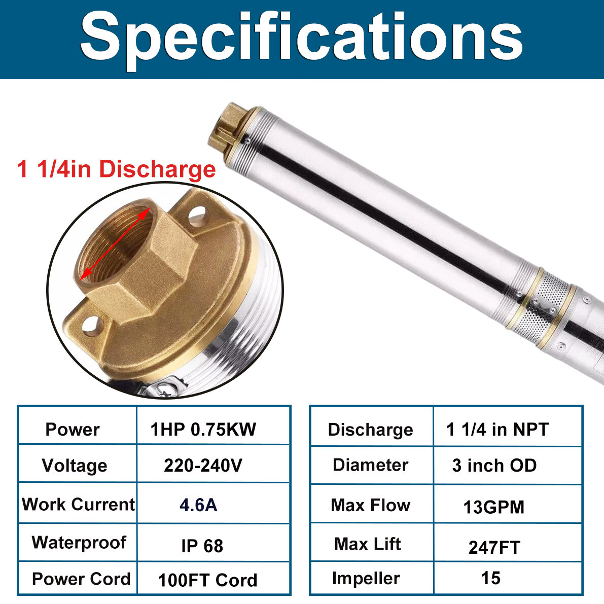 3'' OD 1HP Deep Well Submersible Pump 230V 13GPM 247ft Stainless Steel 100' Cord