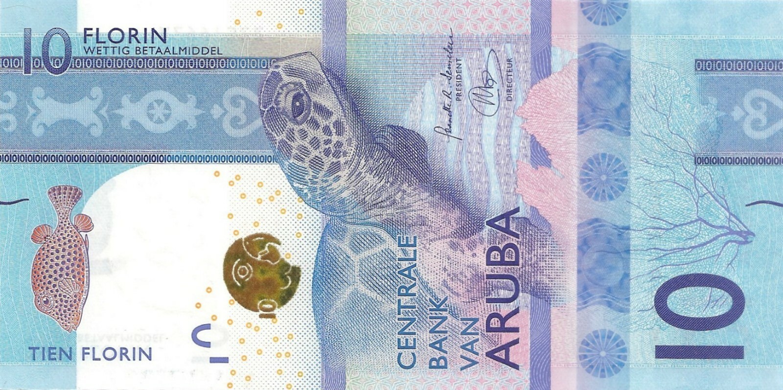 Aruba 10 Florin 2019 - Turtle/Puffer Fish/Ruins, p21a, B121a p 21 a UNC