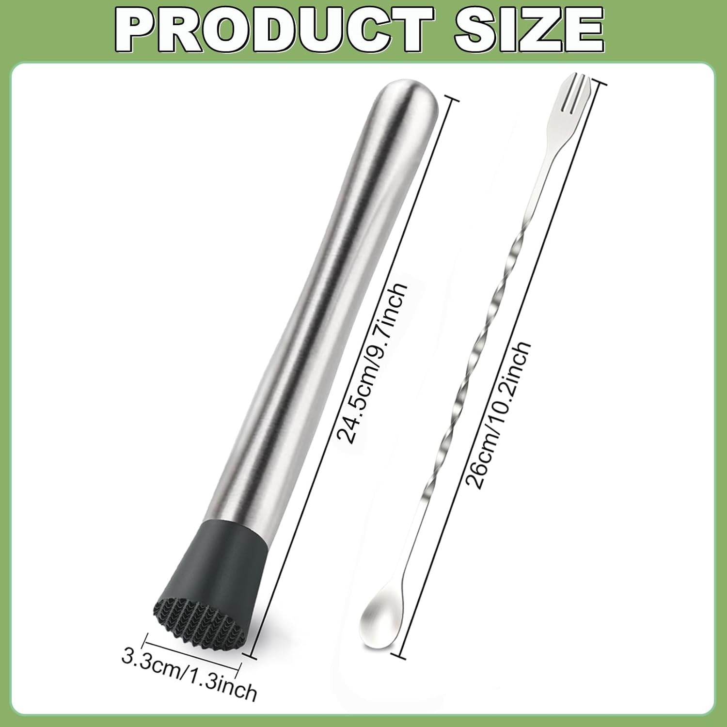 2Pcs 10'' Muddler and Spoon Set for Cocktails 304 Stainless Muddler+spoon
