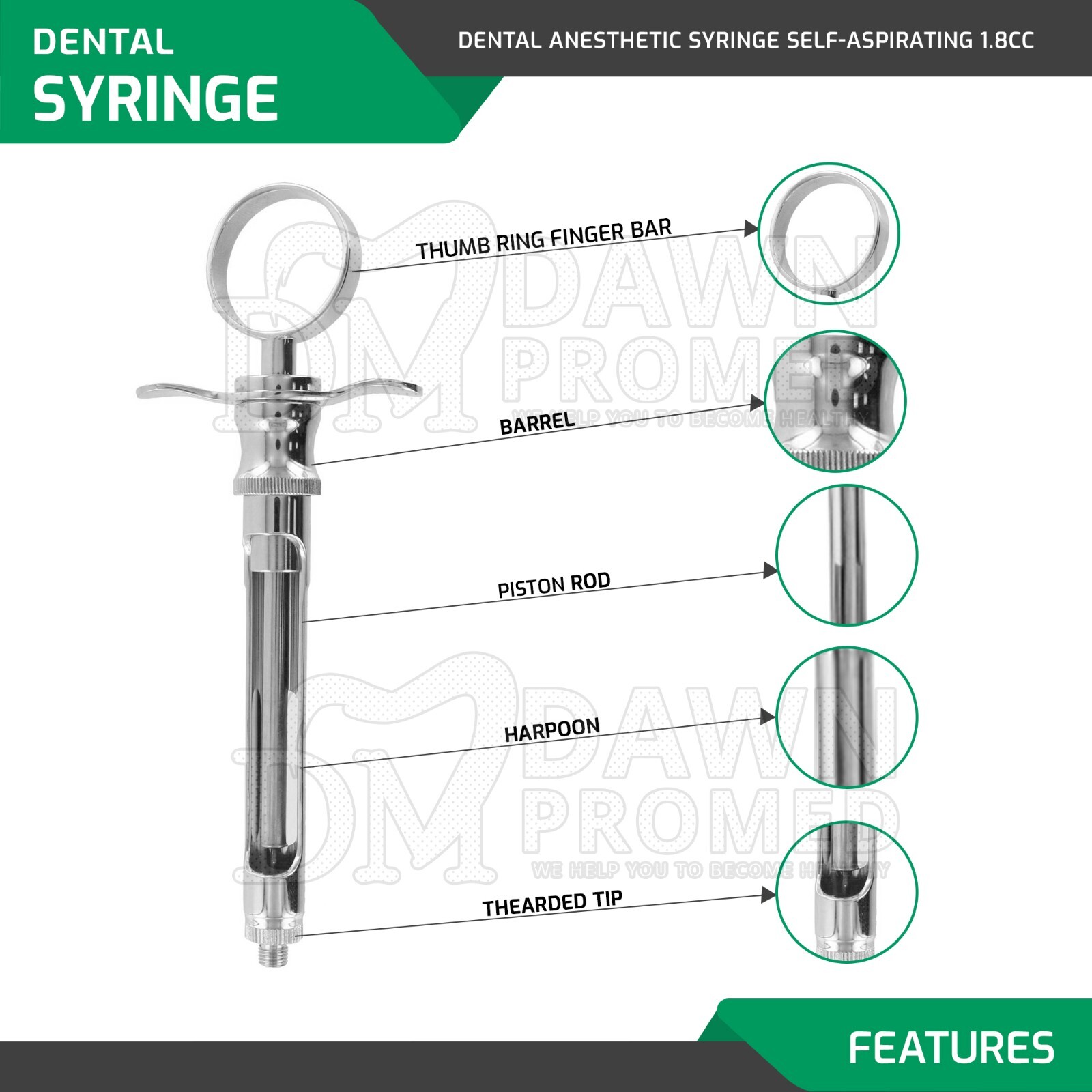 6 German Grade Dental Anesthetic Syringe Self-Aspirating 1.8CC Surgical Inst