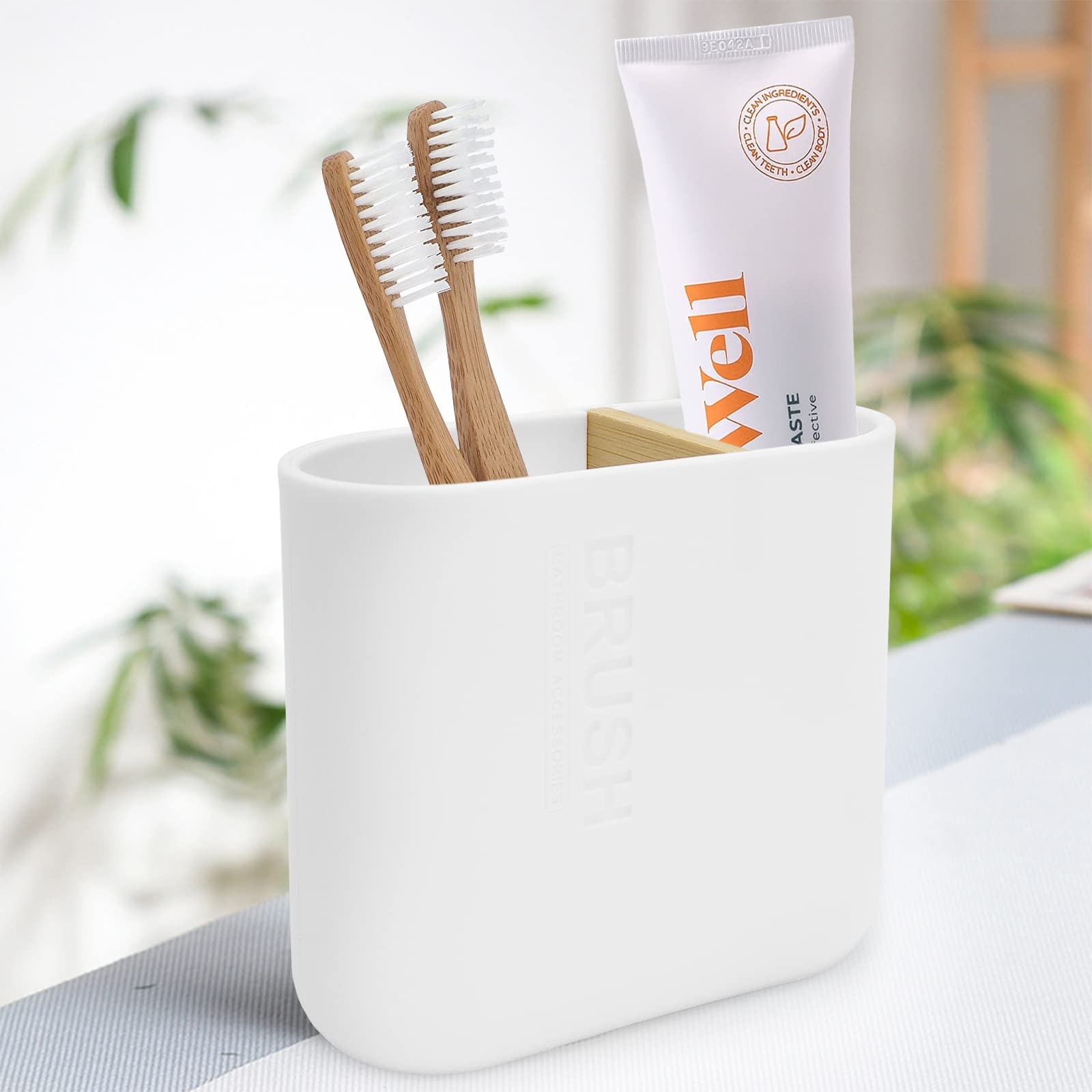 Toothbrush Holder with Bamboo Divider,Detachable for Easy Cleaning Multi-Func...