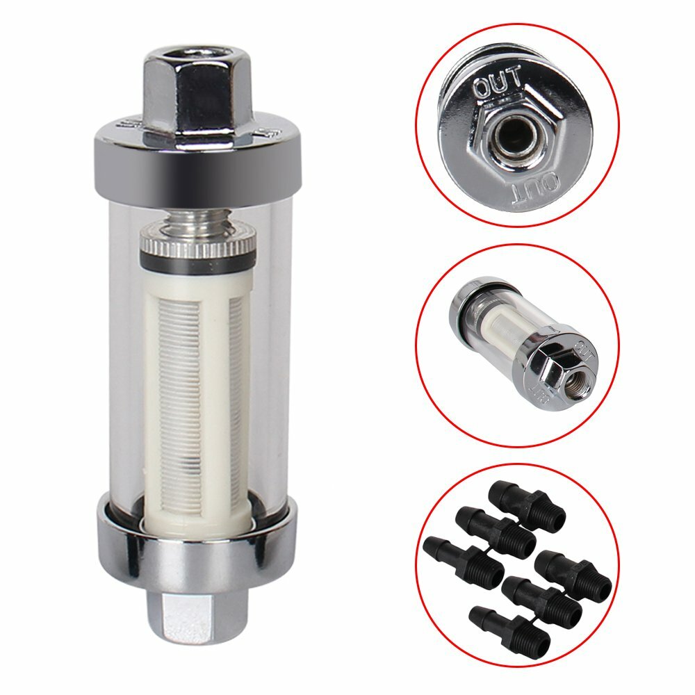 2Pcs Universal 1/4" 5/16" 3/8" Chrome Glass Reusable Washable Inline Fuel Filter