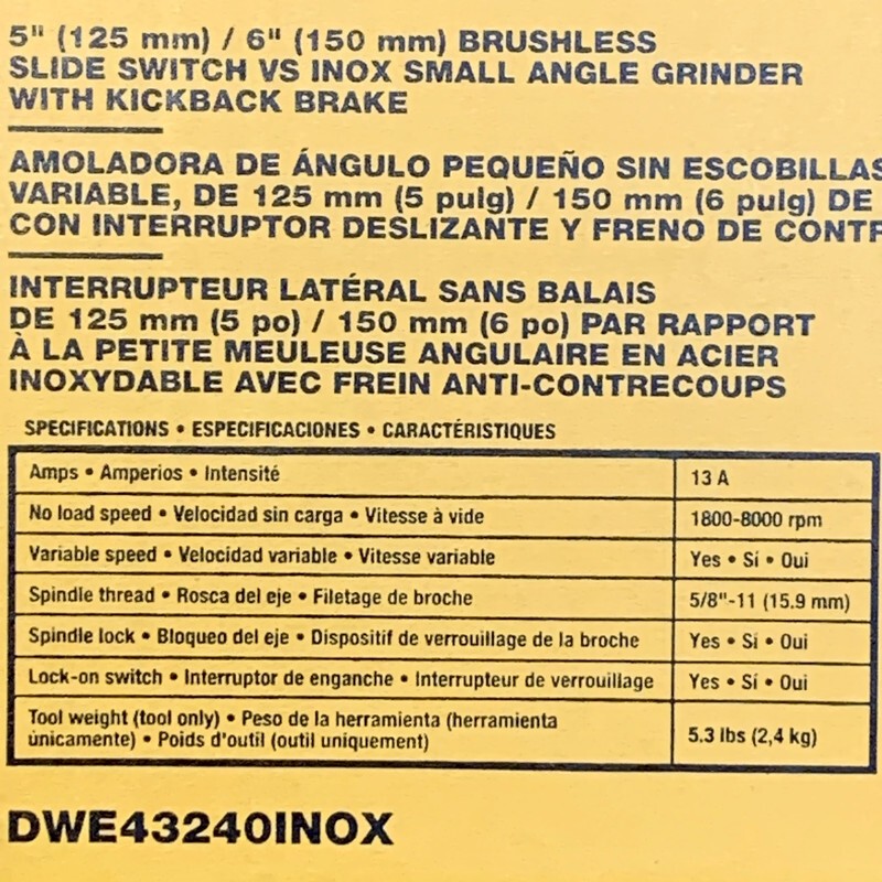 DEWALT DWE43240INOX 5-in to 6-in Corded 13-Amp Brushless Small Angle Grinder