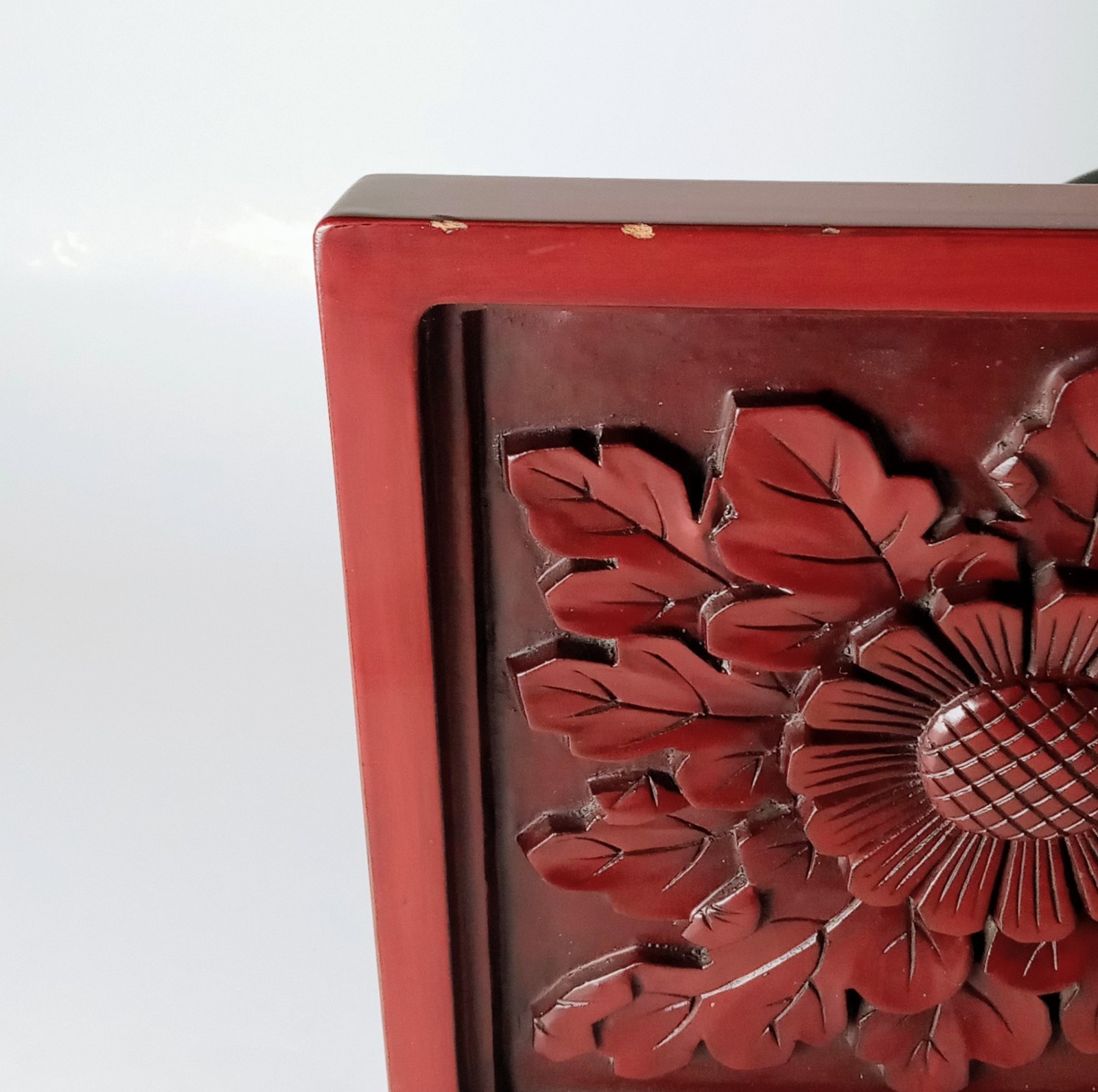 Japanese Kamakura-bori Lacquerware Carved Floral Wood Panel