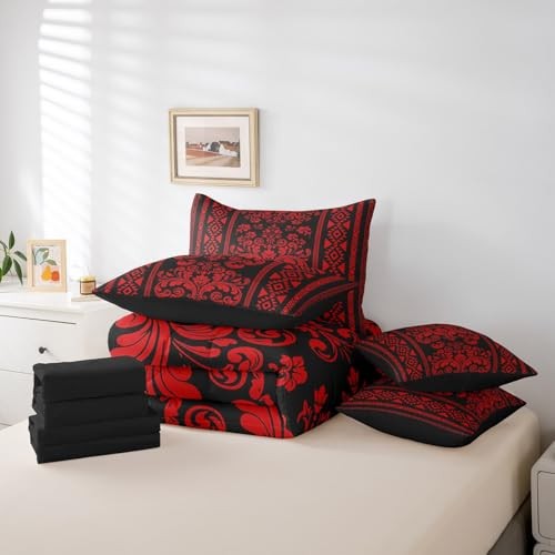 Victorian Decor Western Size Comforter Set with Sheets - Damask 7 King Red