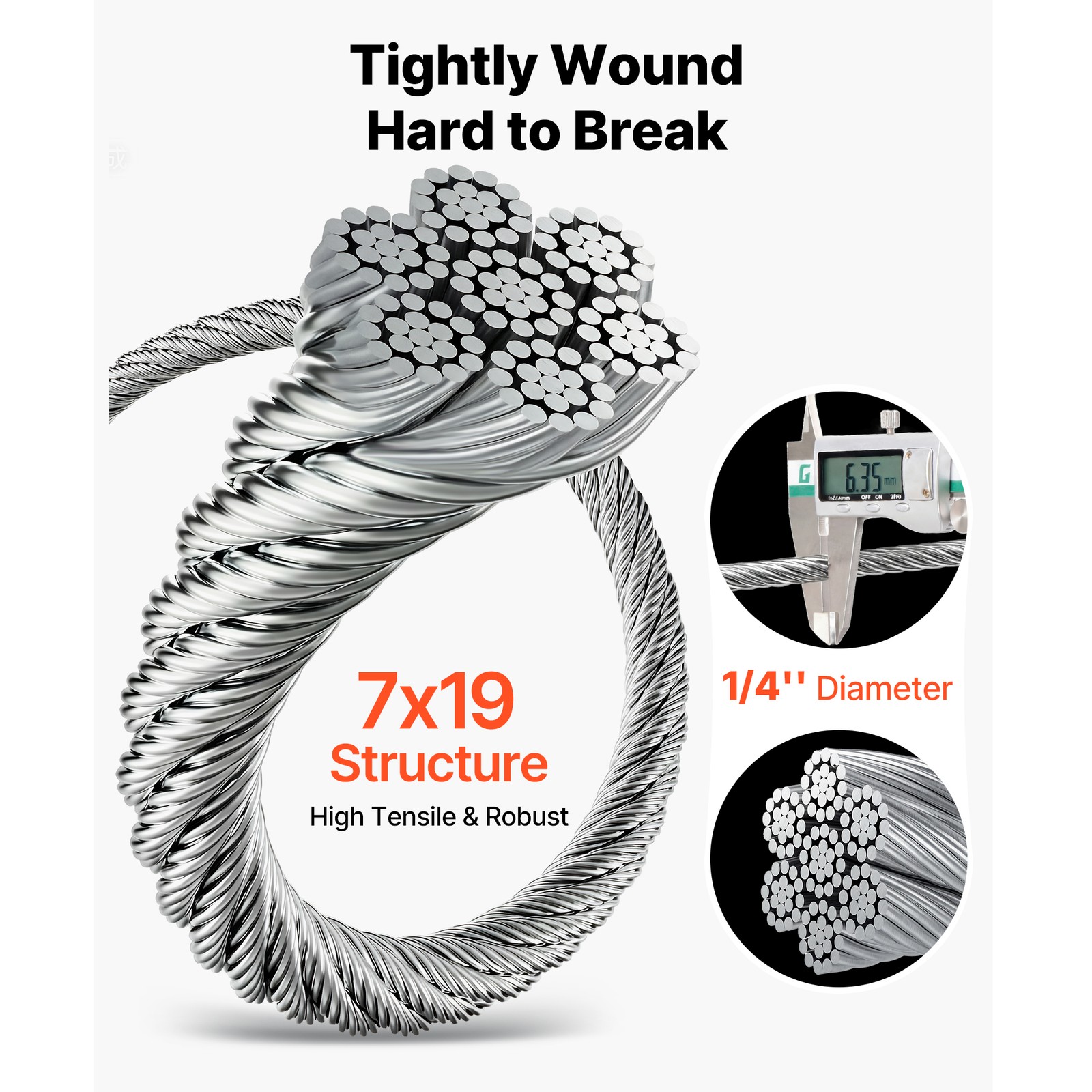 Uimoso Galvanized Carbon Steel Wire Rope 1/4 in 7x19, 250 ft Cable for Railing