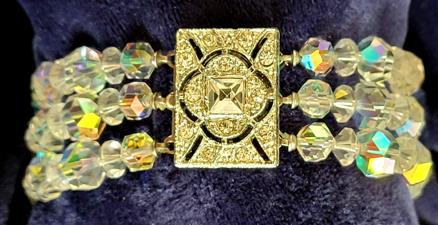 Vtg Aurora Borealis Bracelet  Art Deco Rhinestone Clasp 3 Strand