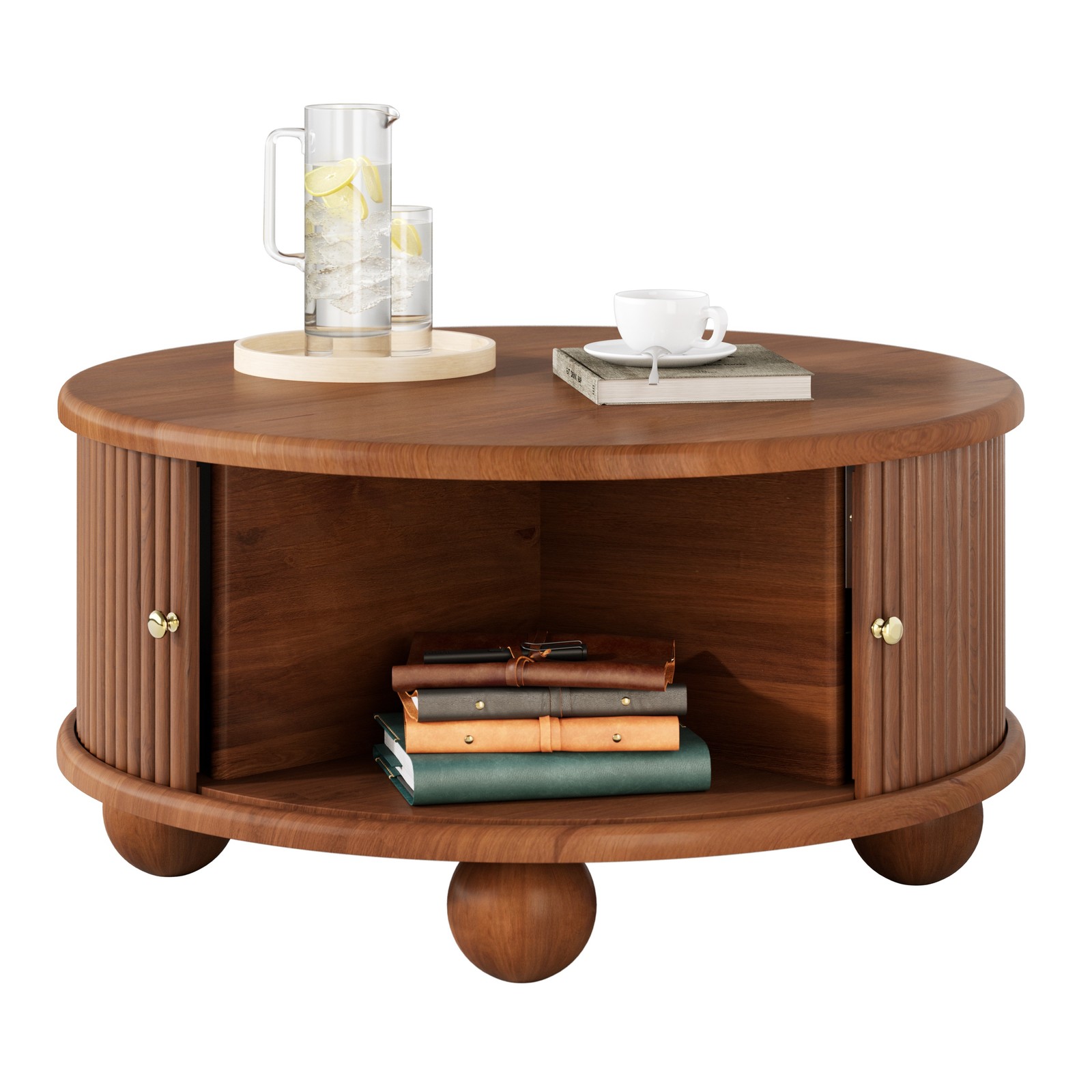 Round Fluted Coffee Table with Storage Pine Solid Wood Sliding Door Walnut Color